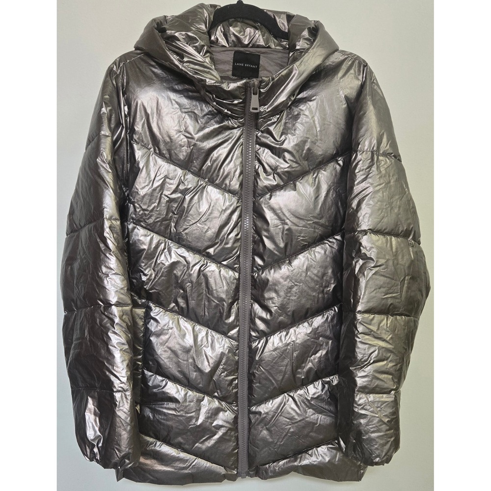 Lane Bryant EcoPlume Metallic Pewter Puffer Jacket Hooded Chevron Quilt 14/16